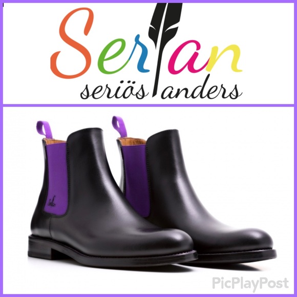 SERFAN CHELSEA Italian 43 Mens BOOT CALF LEATHER BLACK PURPLE US 10.5 in Box EUC - Picture 1 of 17